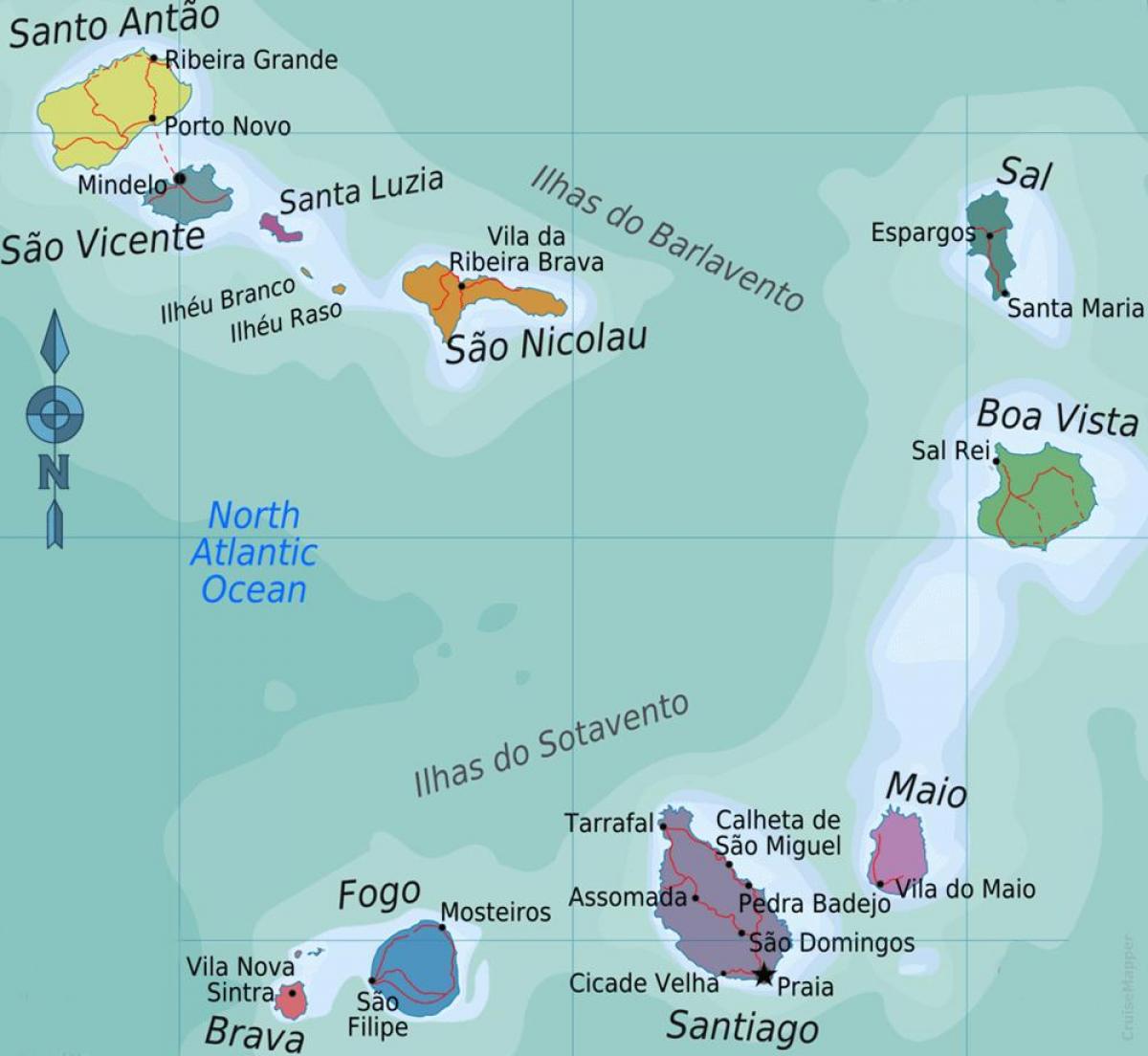 Cape Verde eyjar kort með staðsetningu